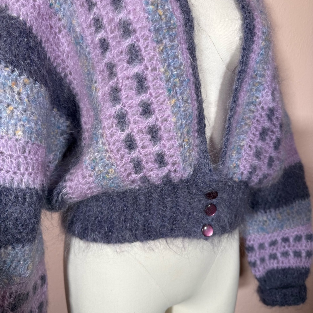 Mohair wool grandmacore Lavender Grey Crochet Ireland Cardigan Sweater - Picture 14 of 16